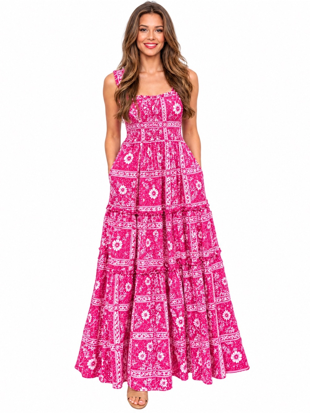 Crown & Ivy Pink Floral Cotton Summer Maxi Dress – Size Medium